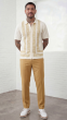 Tan Walking Suit Knit Button Down Shirt Flat Front Pants