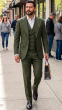Olive Suit Single Breasted Jacket with Wide Peak Lapel and Double Breasted Vest