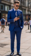 High Fashion Men's Blue Color Suit Sharkskin Fabric