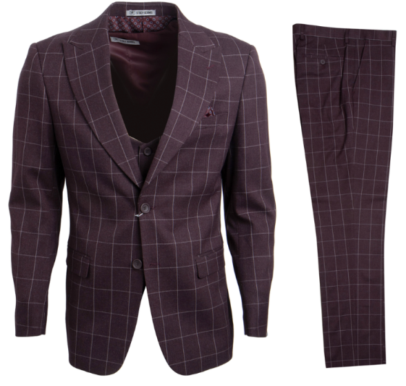 Burgundy Suit Windowpane Print Peak Lapel Men's Suit Men