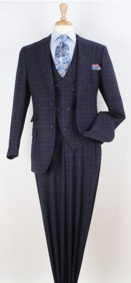Blue Check Suit Mens 3 Piece Suits Peak Lapel Suit Jacket