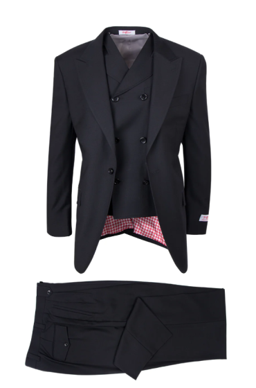 Tiglio Rosso Men's 3 Piece 100% Wool Suit - Wide Leg Pants - Black
