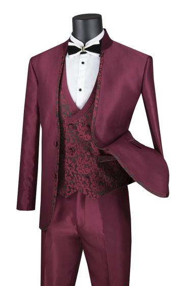 Vinci Men's 3 Piece Sharkskin Slim Fit Nehru Suit - Floral Vest
