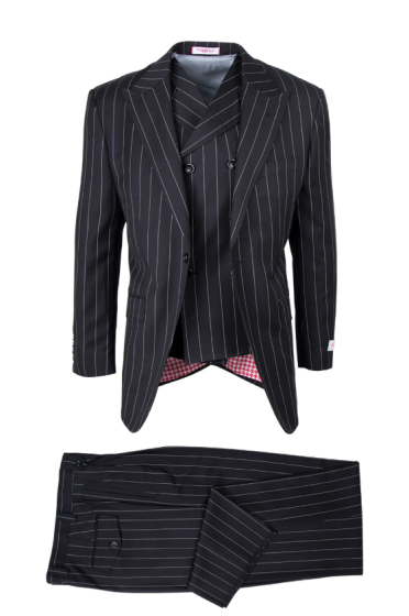 Tiglio Rosso Men's 3 Piece 100% Wool Suit - Wide Leg Pants - Black and White Pinstripe