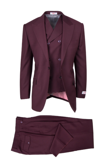 Tiglio Rosso Men's 3 Piece 100% Wool Suit - Wide Leg Pants - Burgundy