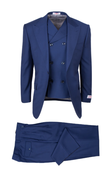 Tiglio Rosso Men's 3 Piece 100% Wool Suit - Wide Leg Pants - French Blue