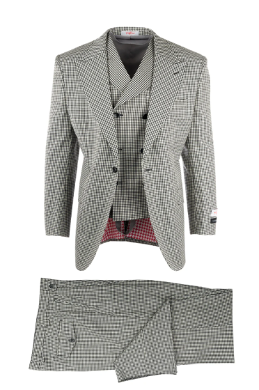 Tiglio Rosso Men's 3 Piece 100% Wool Suit - Wide Leg Pants - Black and White Houndstooth