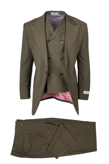Tiglio Rosso Men's 3 Piece 100% Wool Suit - Wide Leg Pants - Olive