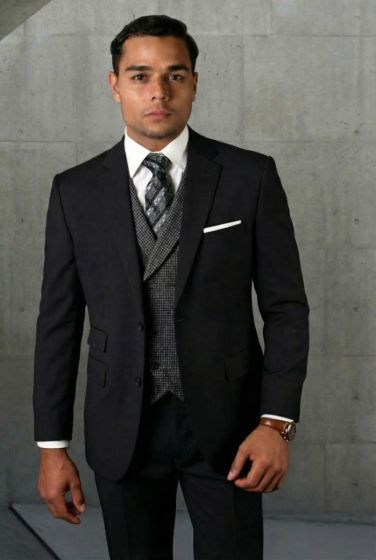 Black Mens 3 Piece Suit Peak Lapel