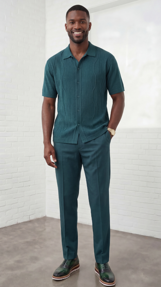 Silversilk Men's 2 Piece Short Sleeve Walking Suit - Tone on Tone Knit Design - Red - L/36 - CCO Menswear