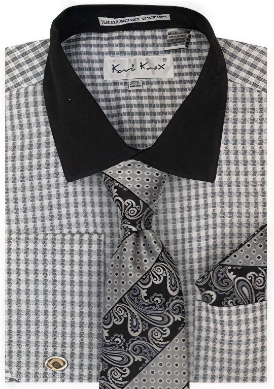 Karl Knox Men's French Cuff Shirt Set - Jacquard Dot - Black - 18.5 34/35 - CCO Menswear