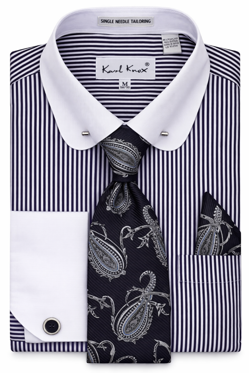 Karl Knox Men's French Cuff Collar Bar Striped Shirt Set - Rounded Collar Karl Knox Men's French Cuff Collar Bar Striped Shirt Set - Rounded Collar