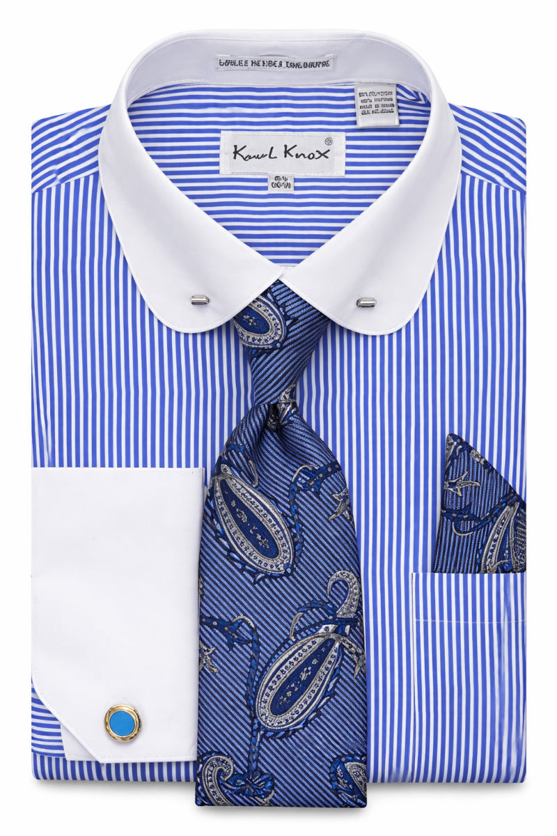 Karl Knox Men's French Cuff Collar Bar Striped Shirt Set - Rounded Collar
