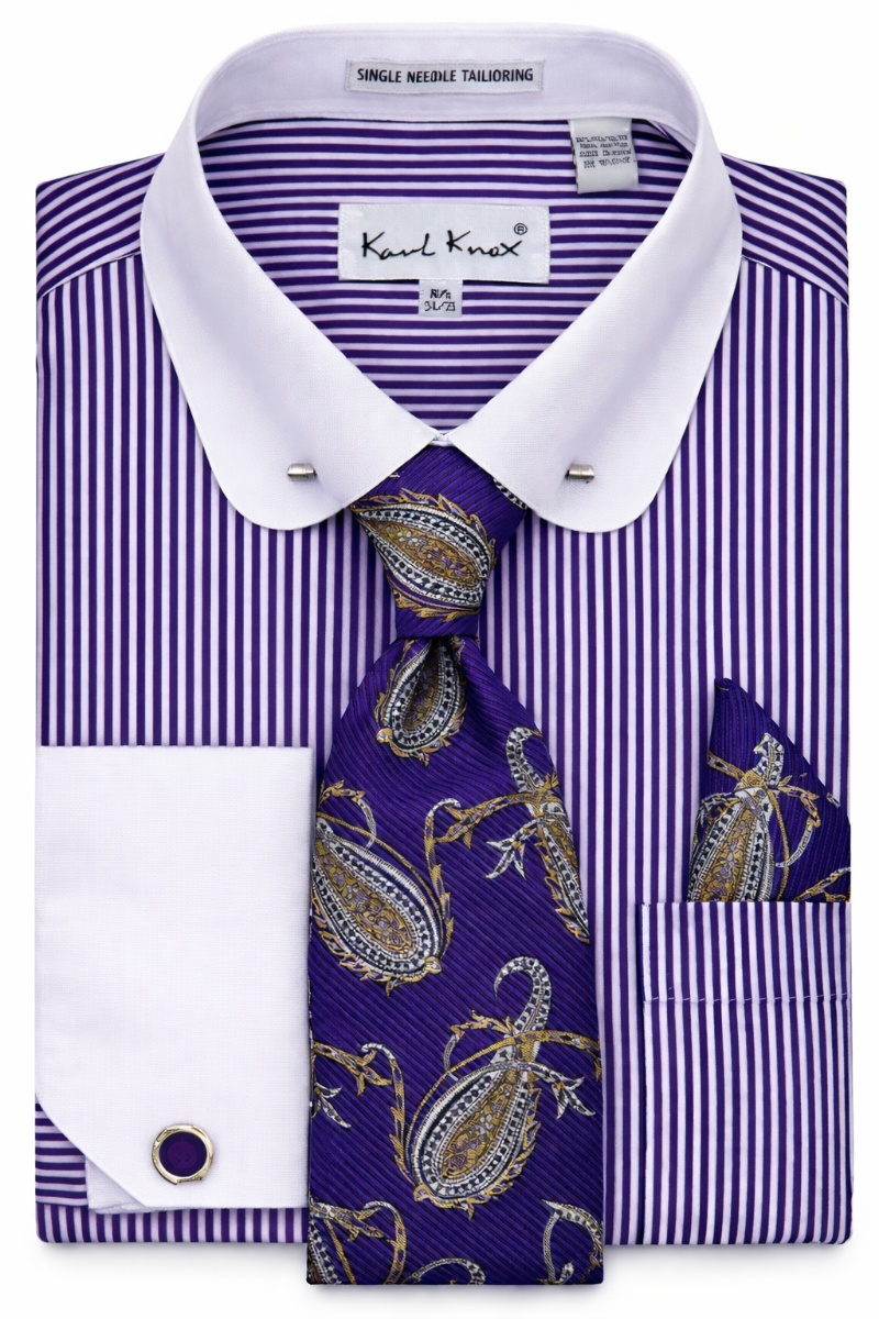 Karl Knox Men's French Cuff Collar Bar Striped Shirt Set - Rounded Collar Karl Knox Men's French Cuff Collar Bar Striped Shirt Set - Rounded Collar