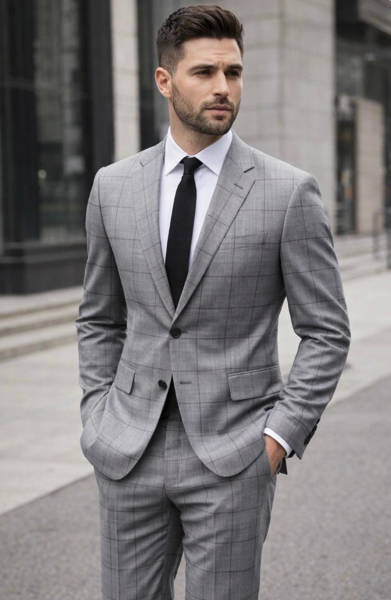 Statement Men's 2 Piece 100% Wool Modern Fit Windowpane Suit - Single Breasted Suit Jacket - Grey - 46R - CCO Menswear