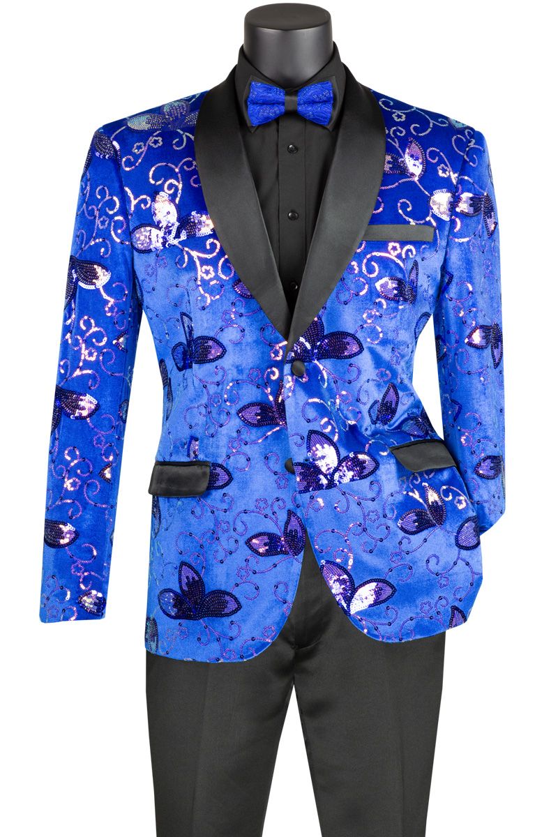 Vinci Men's 2 Button Sport Coat - Detailed Floral Design - Royal - XL - CCO Menswear