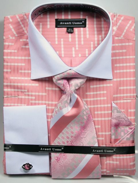Avanti Uomo Men's French Cuff Dress Shirt Set Broken Stripe