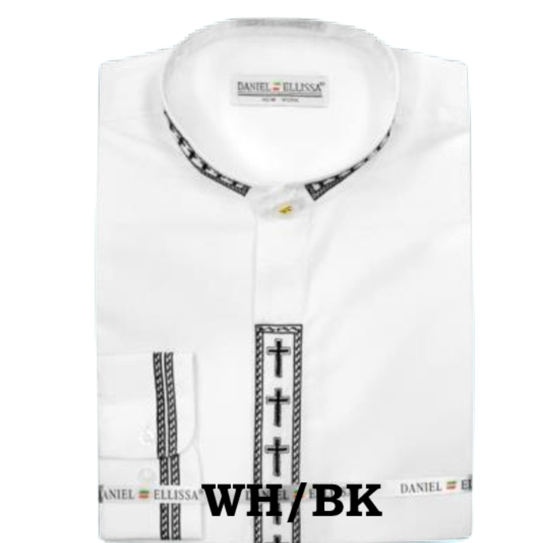 Daniel Ellissa Men's Banded Collar Dress Shirt - Cross Embroidery