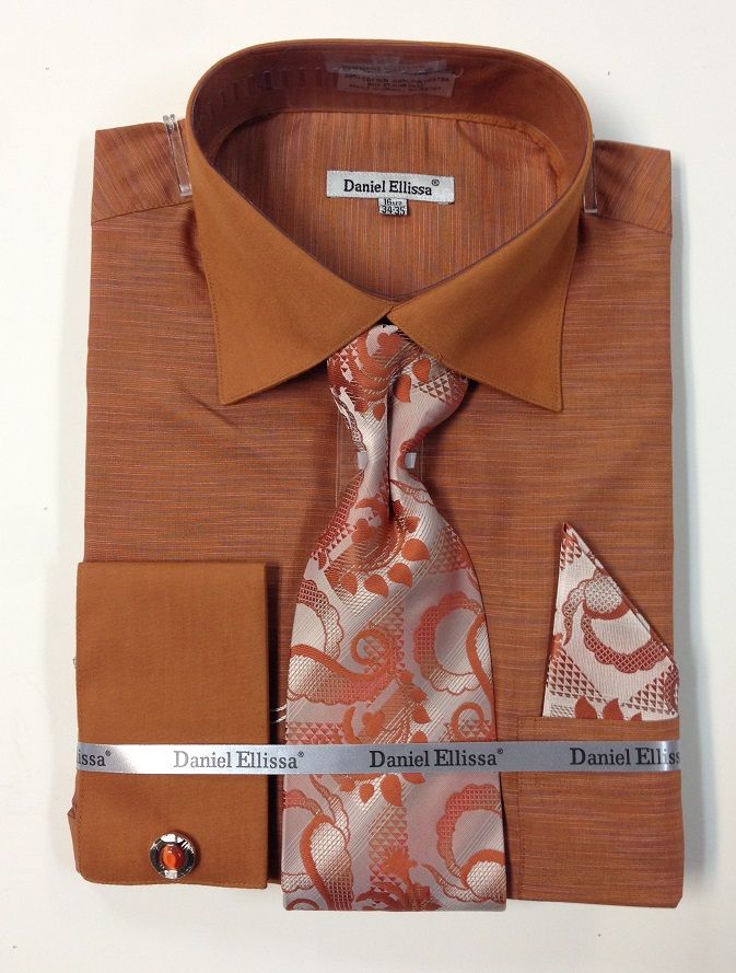 orange french cuff dress shirt Men's French Cuff Dress Shirt with Polka Dot Design 3 Pc Set Orange Size 15~20
