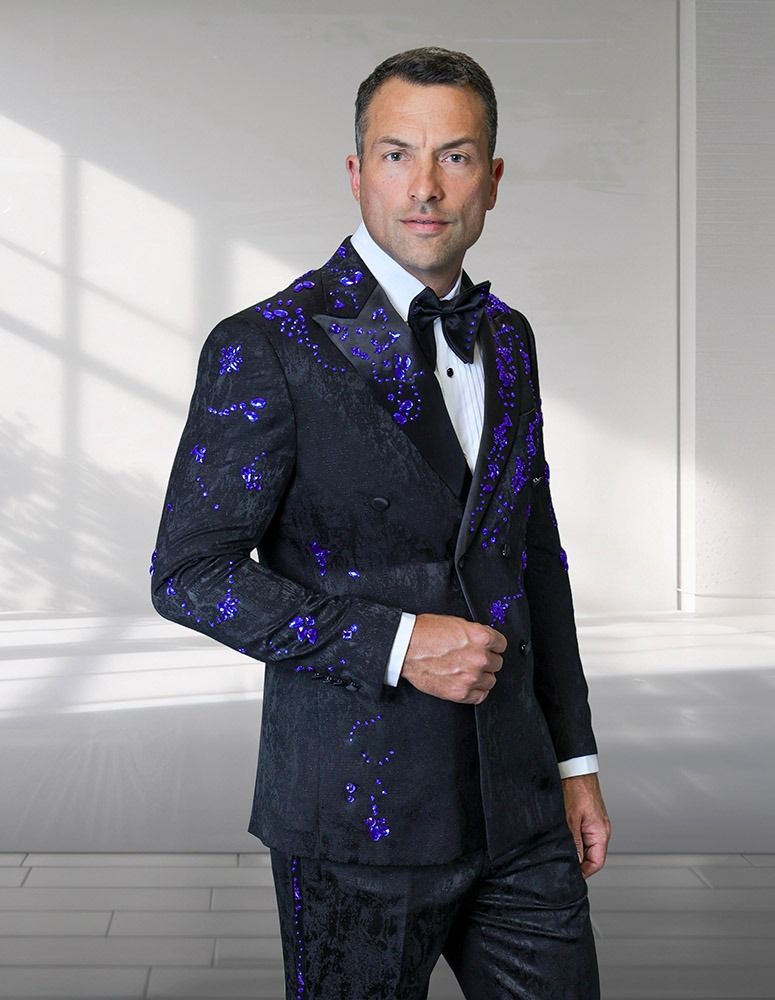 Statement Men's 2 Piece Modern Fit Double Breasted Tuxedo - Floral Rhinestone Design - Black/Royal - 44r - CCO Menswear