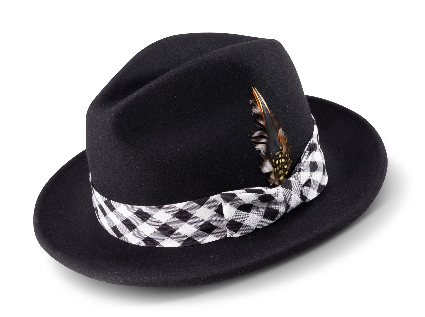 Black & White Plaid Cotton Fedora Hat Fall/Winter Plaid Trilby Fedora Hat with Black Band Trim  main image 2