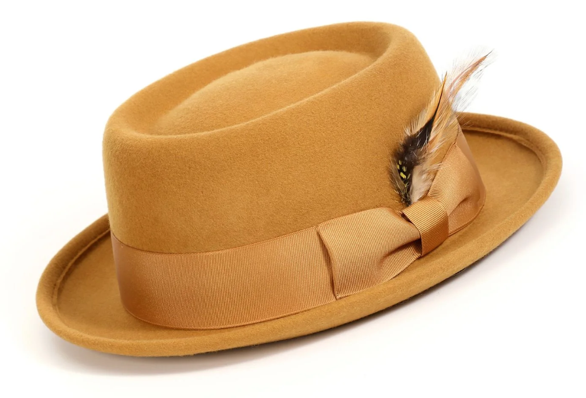 fiebig Medlock Pork Pie Diamond met grosgrain lint, hoed van 100% wolvilt voor dames en heren, aangenaam lichte pasvorm in zomer en winter, hoed van wolvilt, gemaakt in Italië, Geel