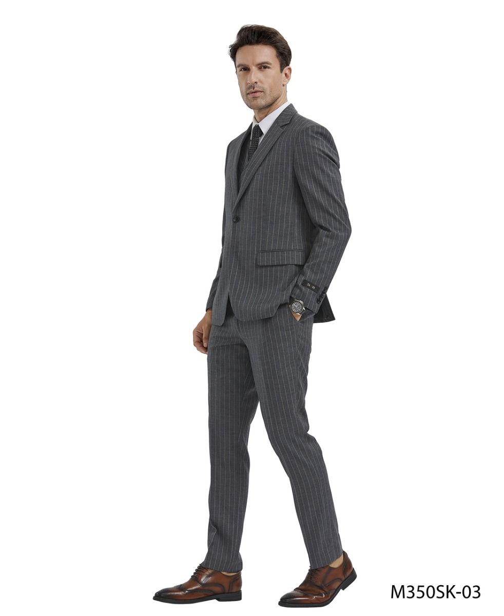 Tazio Men s 3 Piece Skinny Fit Suit Banker Pinstripe