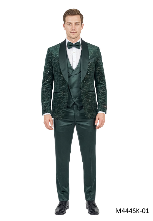 Tazio Men's 3 Piece Skinny Fit Fashion Suit - Sequin Jacket - Hunter Green - 52L - CCO Menswear