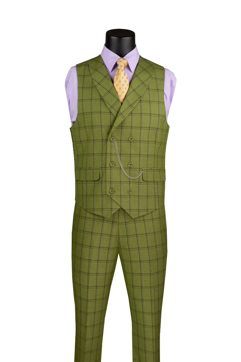 Vinci Men s 3 Piece Windowpane Suit Double Breasted Vest