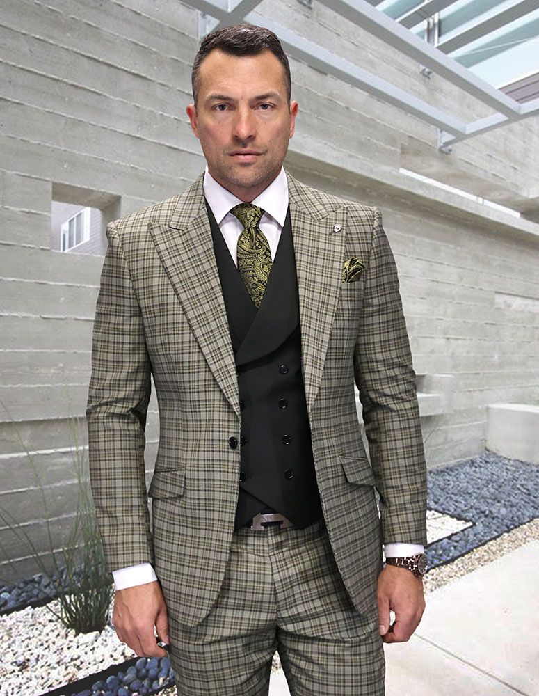 Statement Men s 3 Piece Modern Fit 100 Wool Suit Wide Lapel Vest Olive 52R CCO Menswear