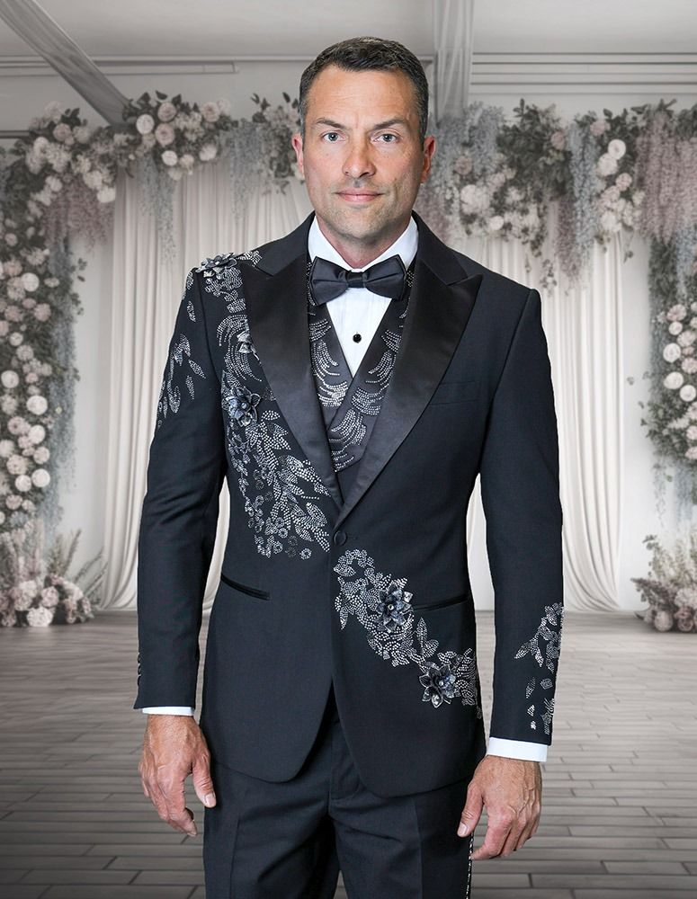 Statement Men's 3 Piece Modern Fit Tuxedo - Floral Appliqu - Black - 54R - CCO Menswear