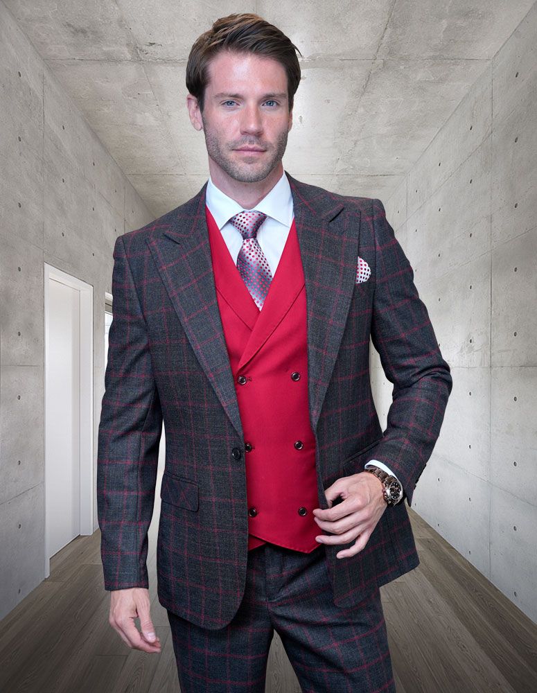 Statement Men's 3-Piece Modern Fit Suit – 100% Wool with Double-Breasted Vest