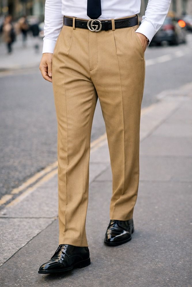 tan dress pants Slim Fit Flat Front Pre-Hemmed Dress Pants (Beige) OS-900 34x30
