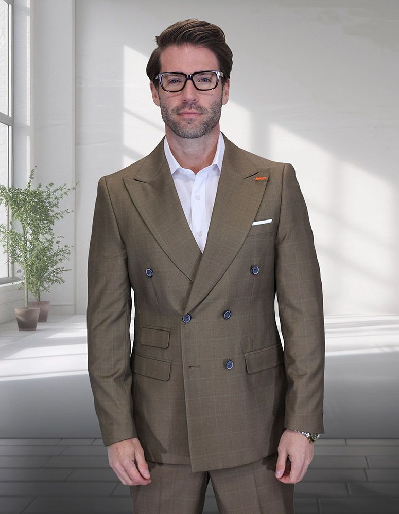 Mens Double Breasted Wool Suit in Indigo Windowpane main image 0