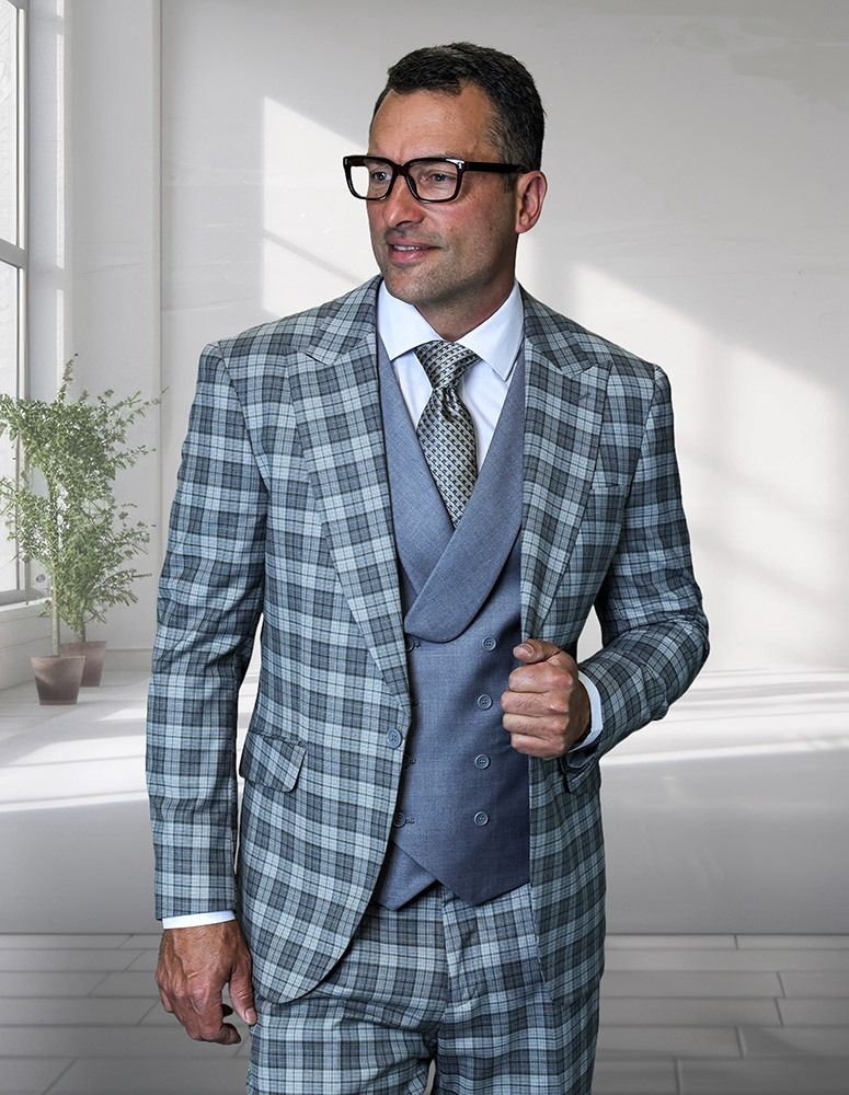 Statement Men's Solid Olive Modern Fit 100% Wool Vested Suits