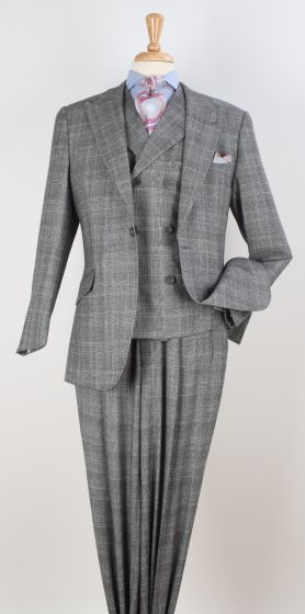 Grey Windowpane 3 Piece Suit for Men Double Breasted Vest Peak Lapel