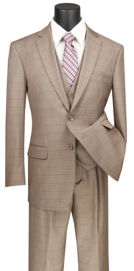 Vinci Men's 3 Piece Wool Feel Executive Suit - Windowpane
