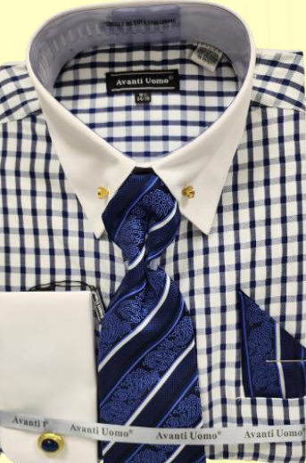 Avanti Uomo Men's Windowpane French Cuff Shirt Set - Collar Bar