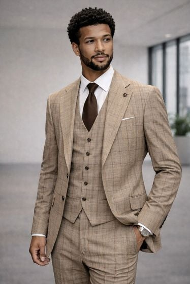 Statement Men's Outlet 3 Piece 100% Wool Modern Fit Suit - Textured Plaid
