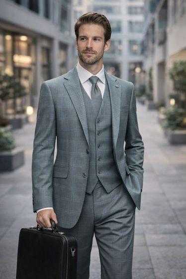 Statement Men's Outlet 3 Piece 100% Wool Modern Fit Suit - Plaid Suit