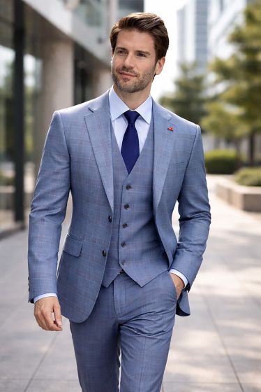Statement Men's Outlet 3 Piece 100% Wool Modern Fit Suit - Fashion Plaid