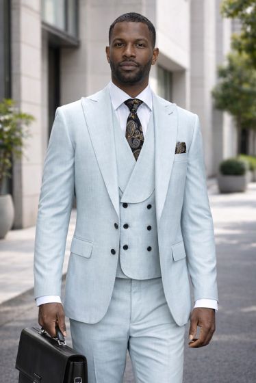 Aqua Suit Wide Peak Lapel Double Breasted Vest