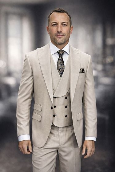 Statement Men's Outlet 3 Piece 100% Wool Modern Fit Suit - Wide Lapel Double Breasted Vest