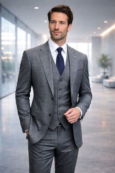 Charcoal Suit Mens 3 Piece Suits Plaid Suit