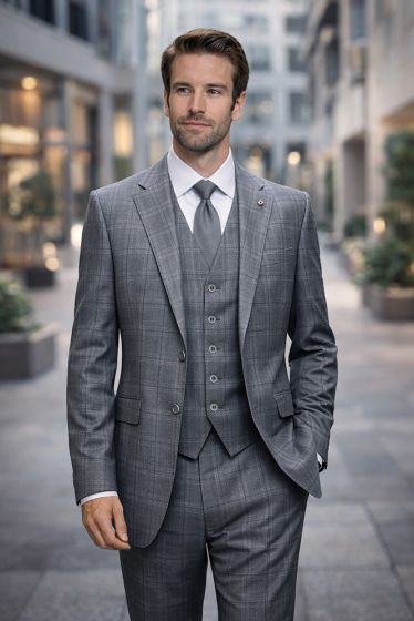 Charcoal Suit Three Piece Plaid Suits for Men