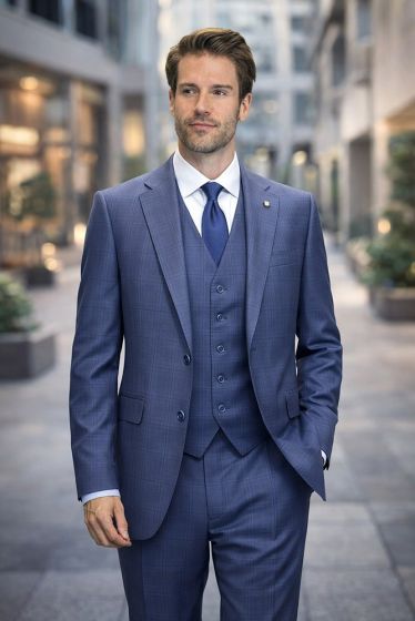 Statement Men's Outlet 3 Piece 100% Wool Plaid Suit - Modern Fit