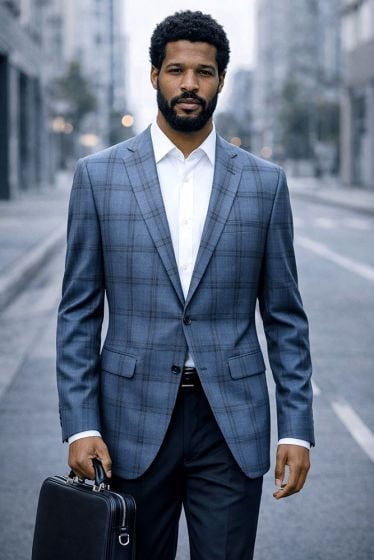 Indigo Blazer Men's Plaid Jackets Single Breasted Jacket