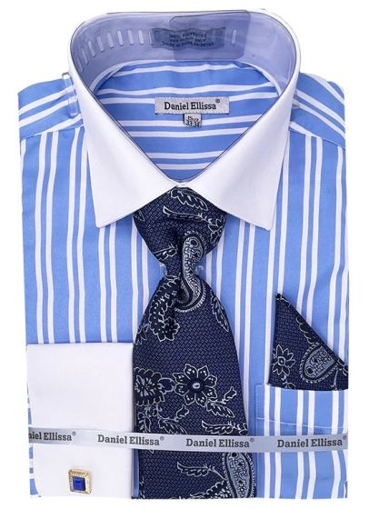Daniel Ellissa Men's Outlet French Cuff Shirt Set - Twin Stripes