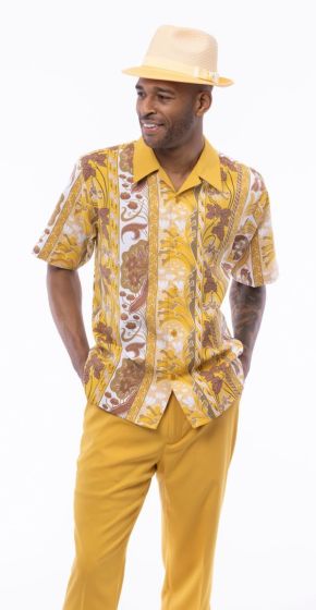 Gold Walking Suit Mens Floral Shirts Two Piece Sets