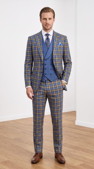 Indigo Blue Suits Windowpane Plaid Suit Solid Color Double Breasted Vest
